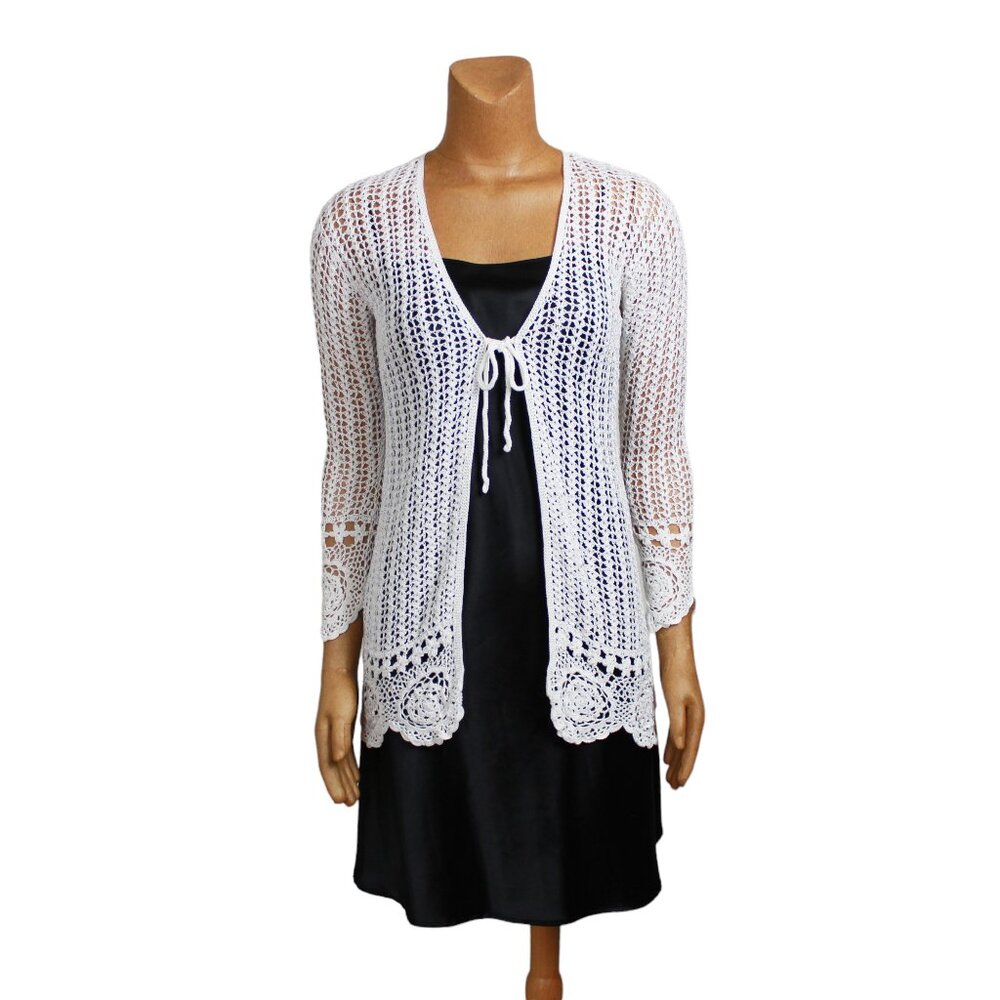 Kroshetta White Open Front Crochet Coverup Cardigan
